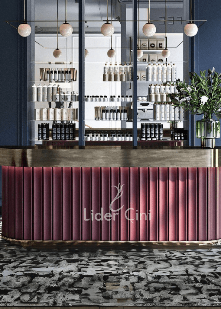 Otel Bar Seramikleri-0004, Lider Çini, 10x100Acık Pembe Oluklu Bambu Bar Önü Seramik, Cafe Dizayn Diamond Seramik