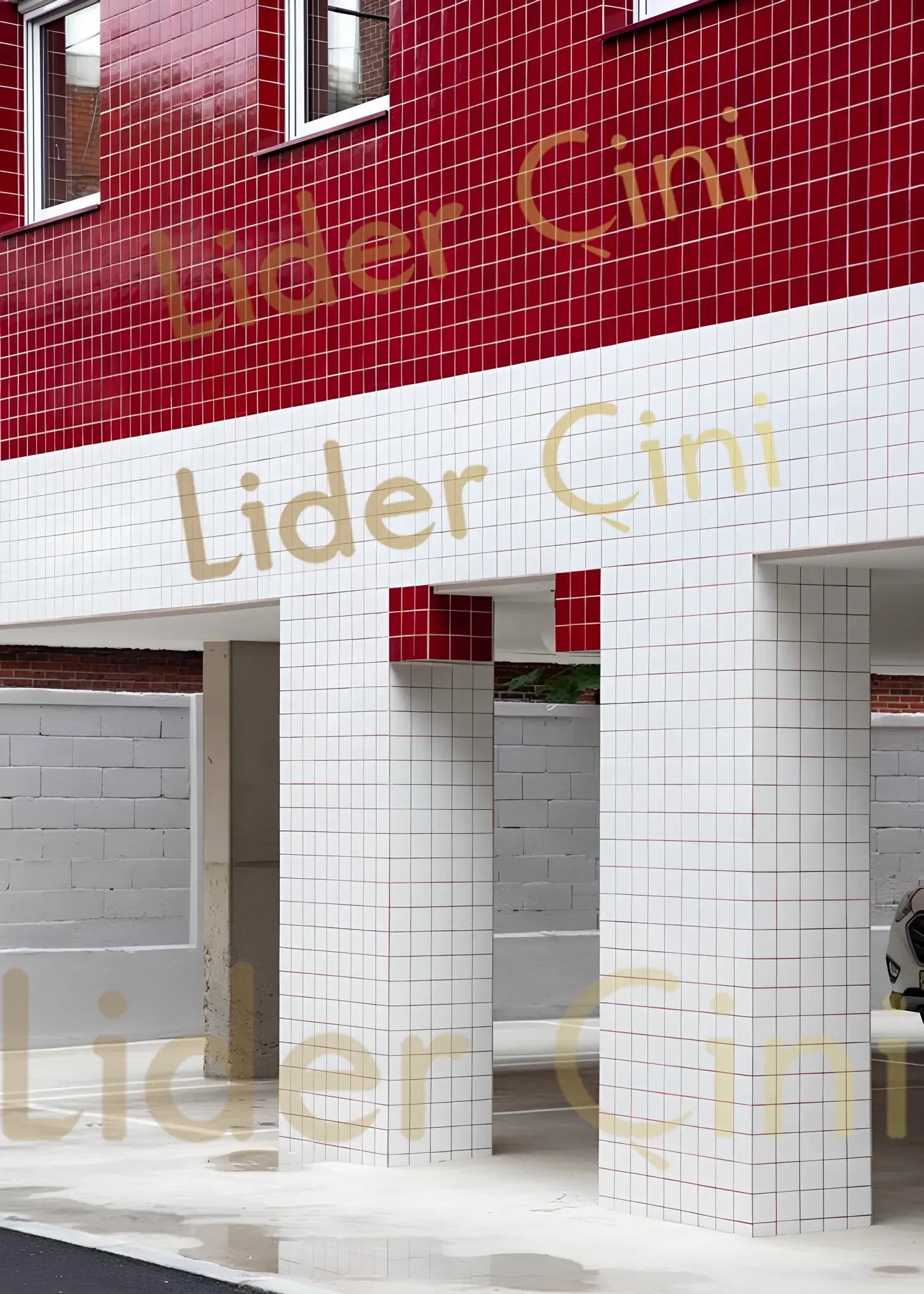 Otel/Cafe Seramikleri -11, Kırmızı ve Beyaz Seramikle Modern Cephe Tasarımı, Seramik Cephe Kaplama