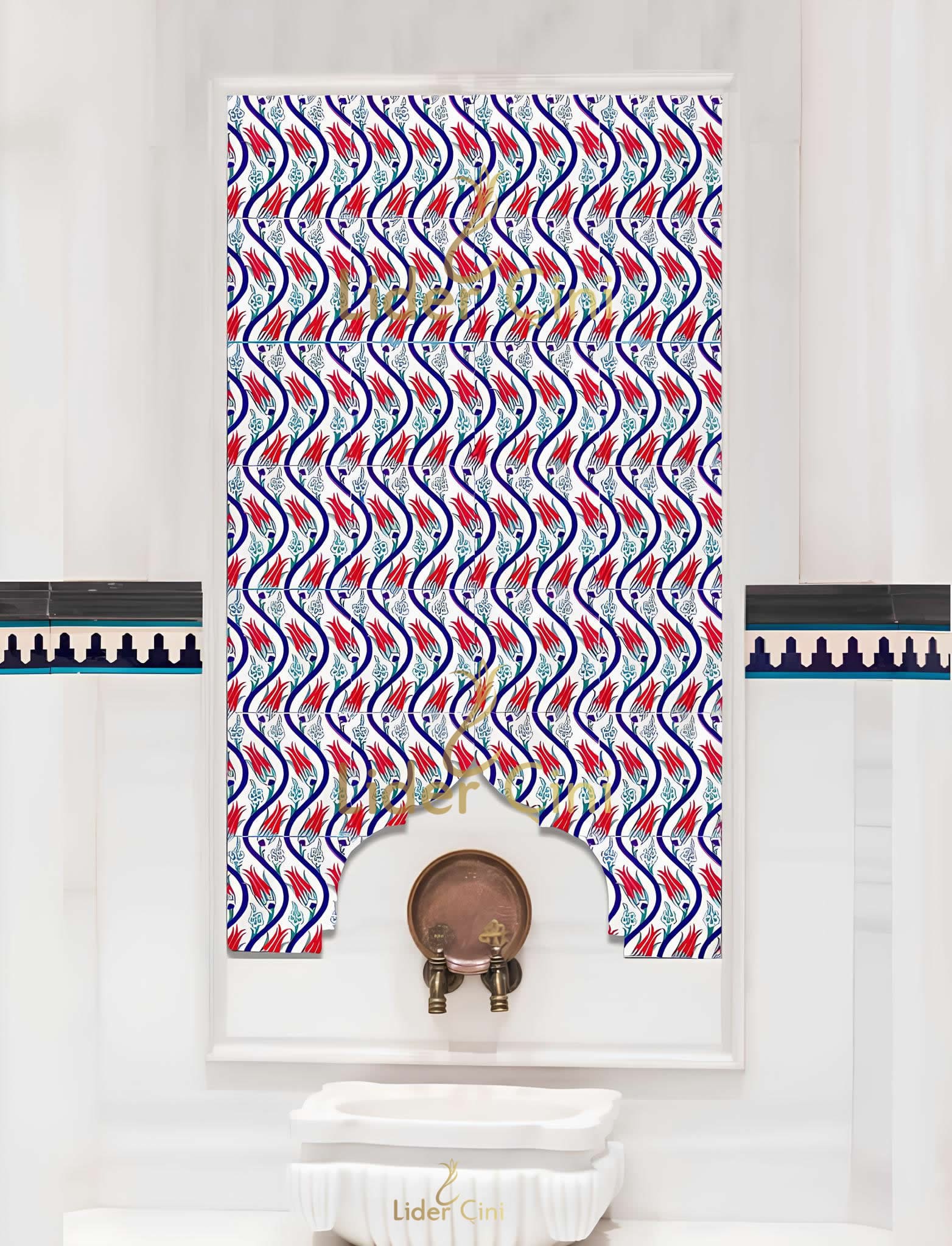 Hamam Çinileri-01, Lider Çini, 60x120 Lale Desenli Osmanlı Motifli Hamam Kurna Önü Çini Pano, Hamam Modelleri, 20x20 Hamam Çinisi, Lale Çini Pano