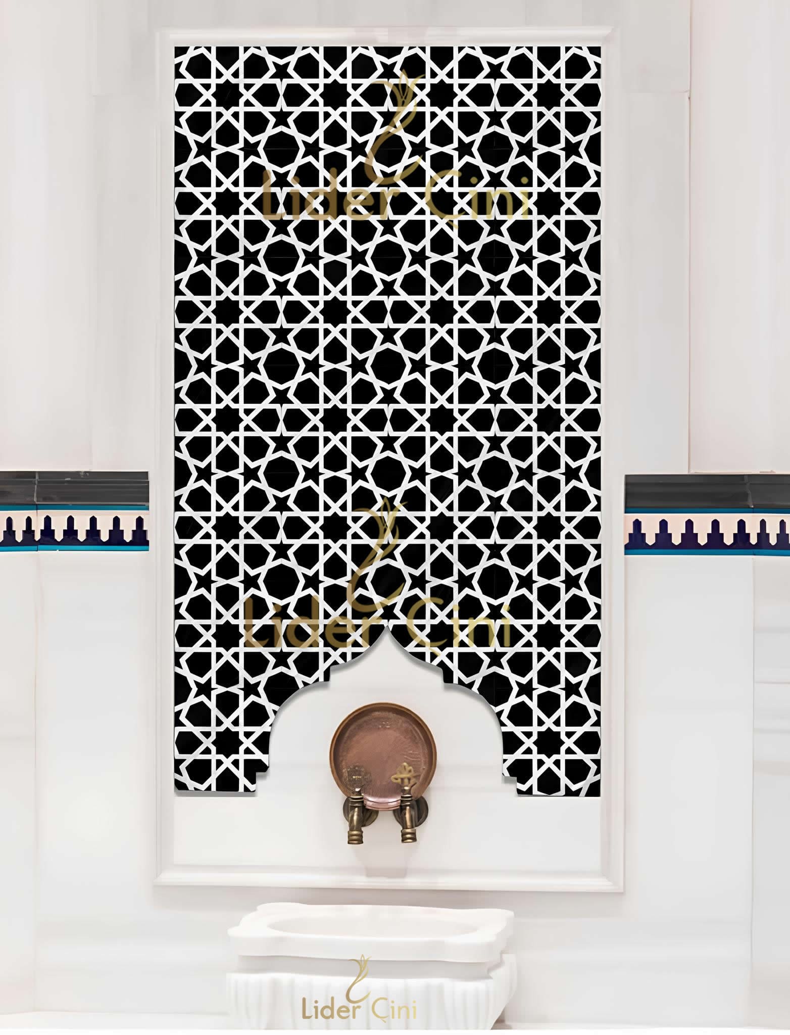 Hamam Çinileri-03, Lider Çini, 60x120 Türkmen Yıldızı Siyah Hamam Kurna Önü Çinisi, Hamam Çini Modelleri