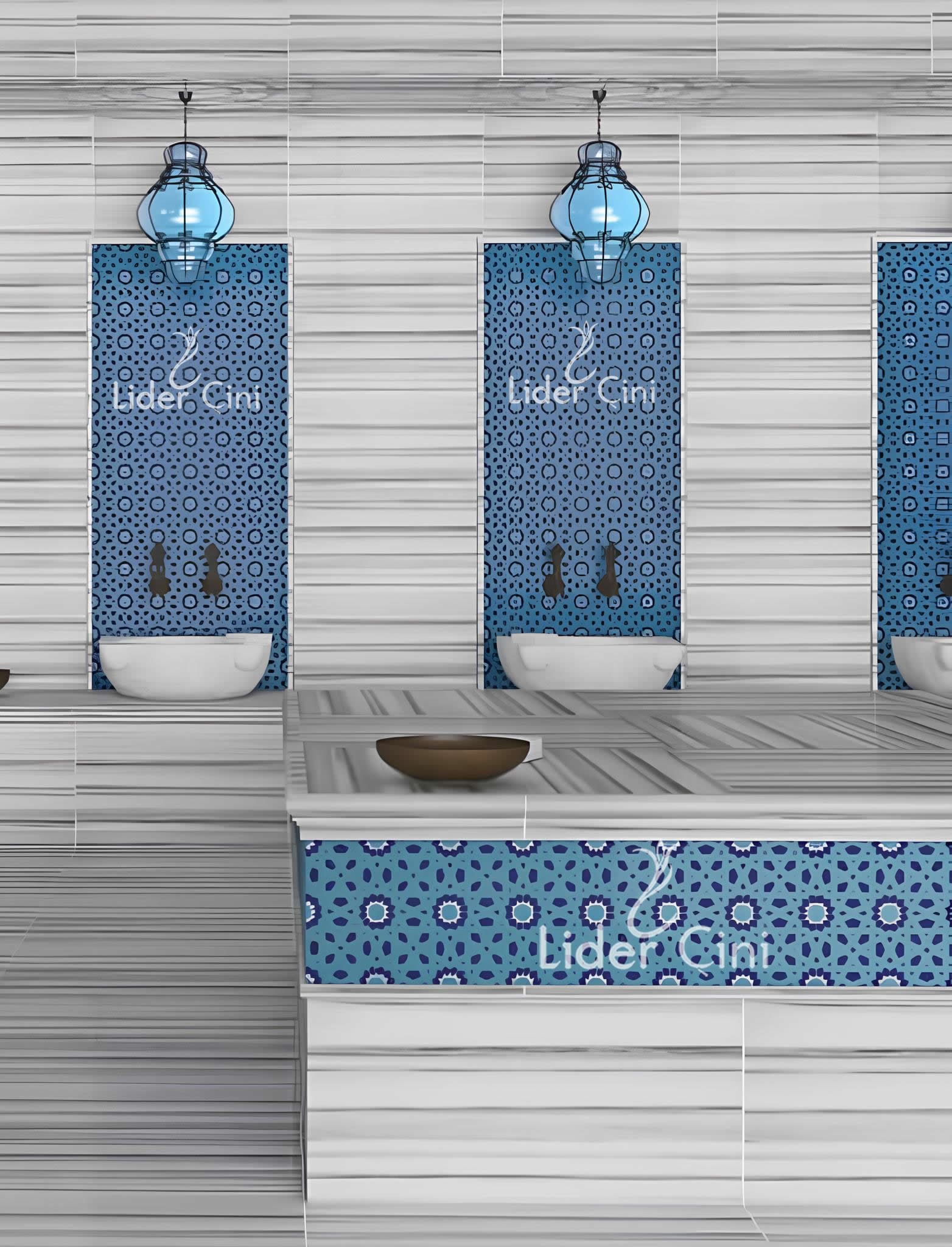 Hamam Çinileri-38, Lider Çini, 60x120 Mavi Beyaz Hamam Çini, Çinili Hamam Tasarımları, Hamam Çini Karo, İznik Hamam Çini Pano