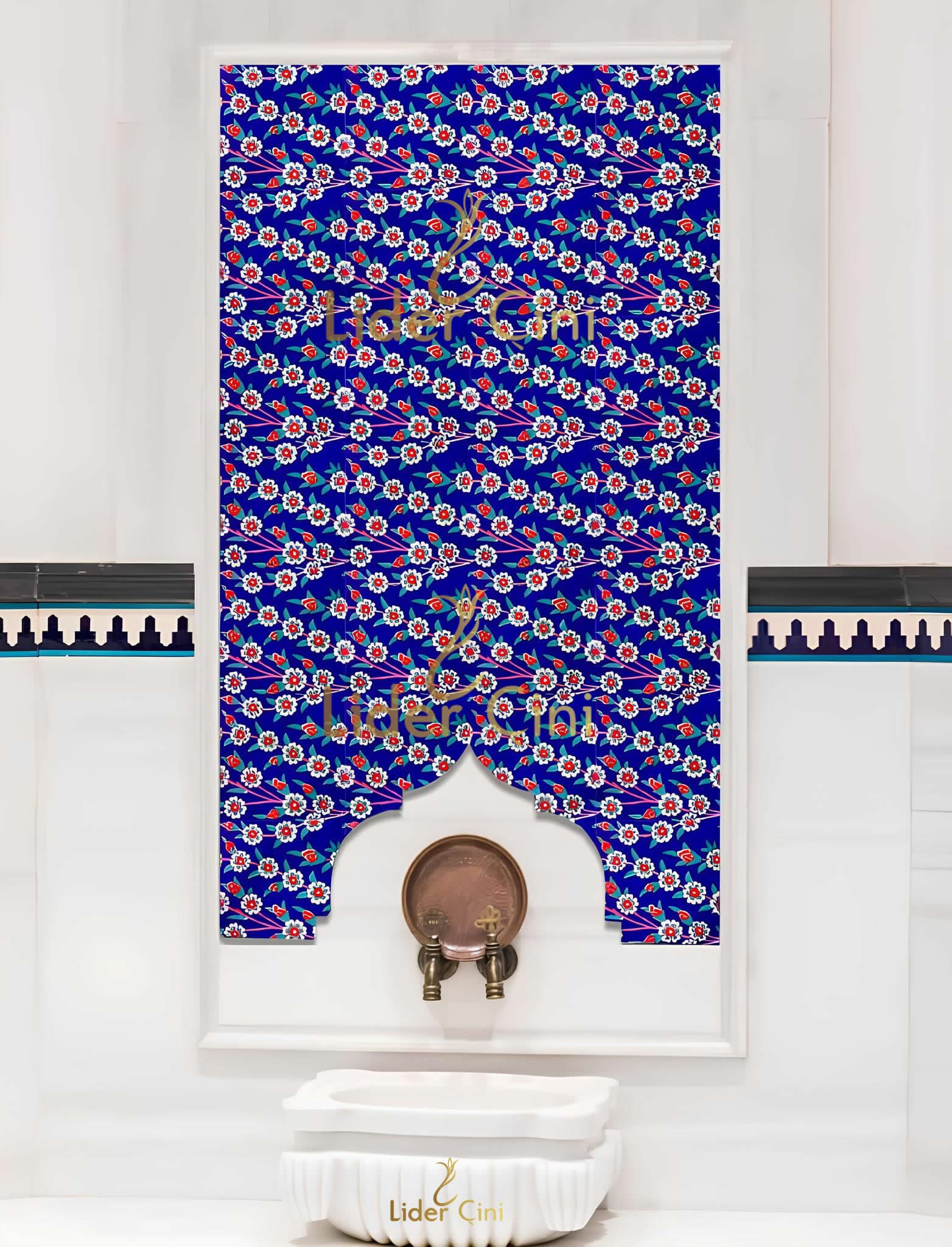 Hamam Çinileri-05, Lider Çini, 80x160 Mavi Beyaz Hamam Kurna Arkası Çini, Kütahya Hamam Çini, Kütahya Çini Pano, El Yapımı Hamam Çini Pano