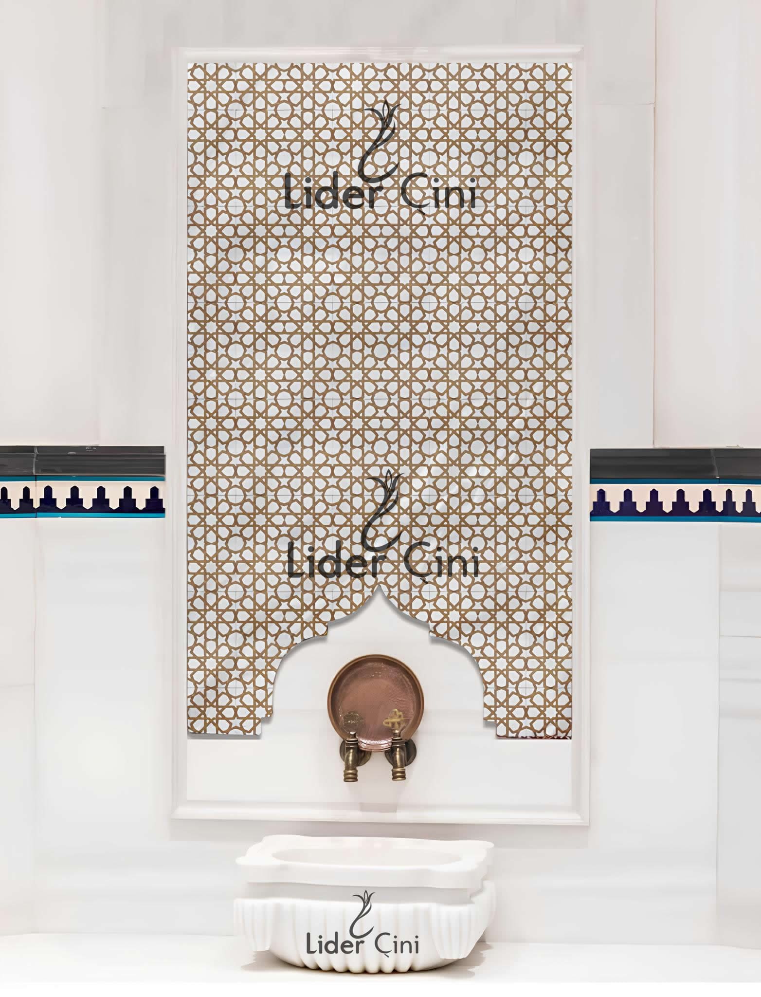 Hamam Çinileri-07, Lider Çini, 80x160 Türkmenyıldızı Gold Hamam Çini Pano, 20x20 çini, hamam karo, Kütahya Hamam Çinisi